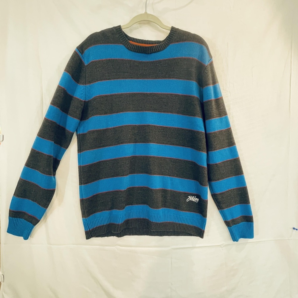 Billabong Sweater Mens XL Blue Gray Striped Crewneck Knit Pullover Logo Casual‎